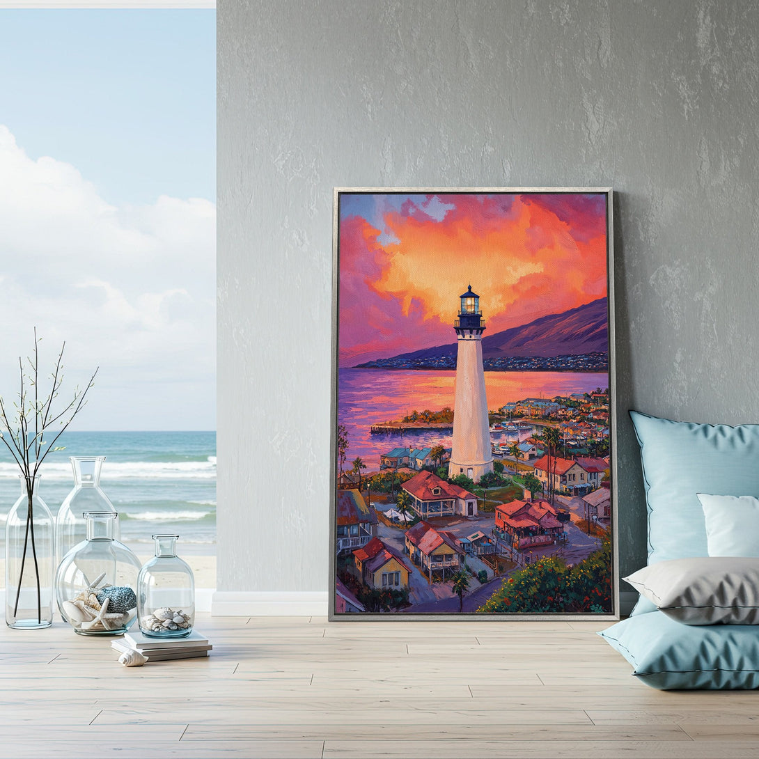 Framed Wall Art of a lighthouse at sunset. Coastal landscape painting in vibrant pink, orange, and purple hues. Perfect for adding a pop of color to your home!