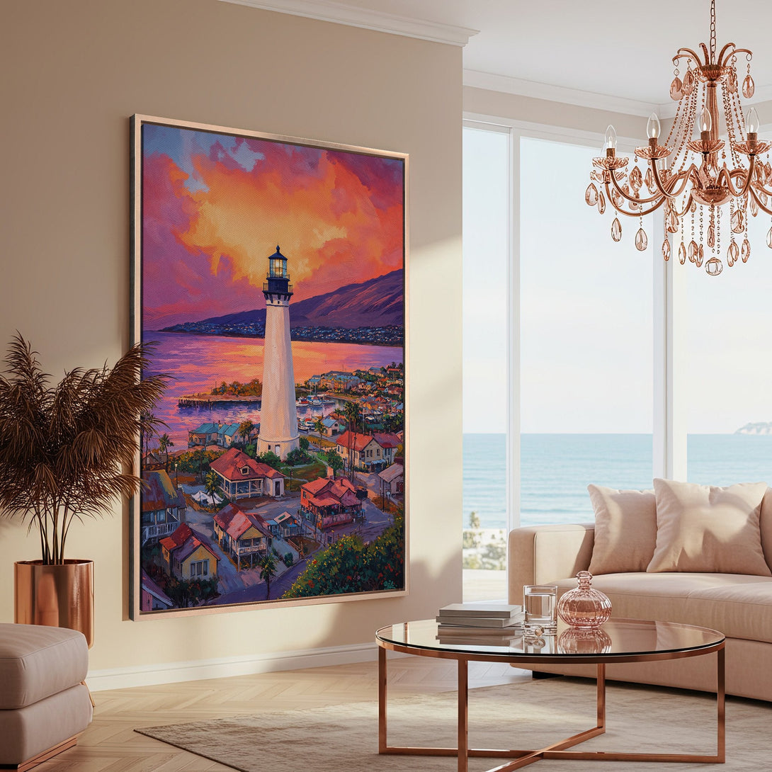Framed Wall Art: Lighthouse painting in warm sunset hues. Coastal art print with a vibrant color palette, perfect for adding a touch of art to your home.