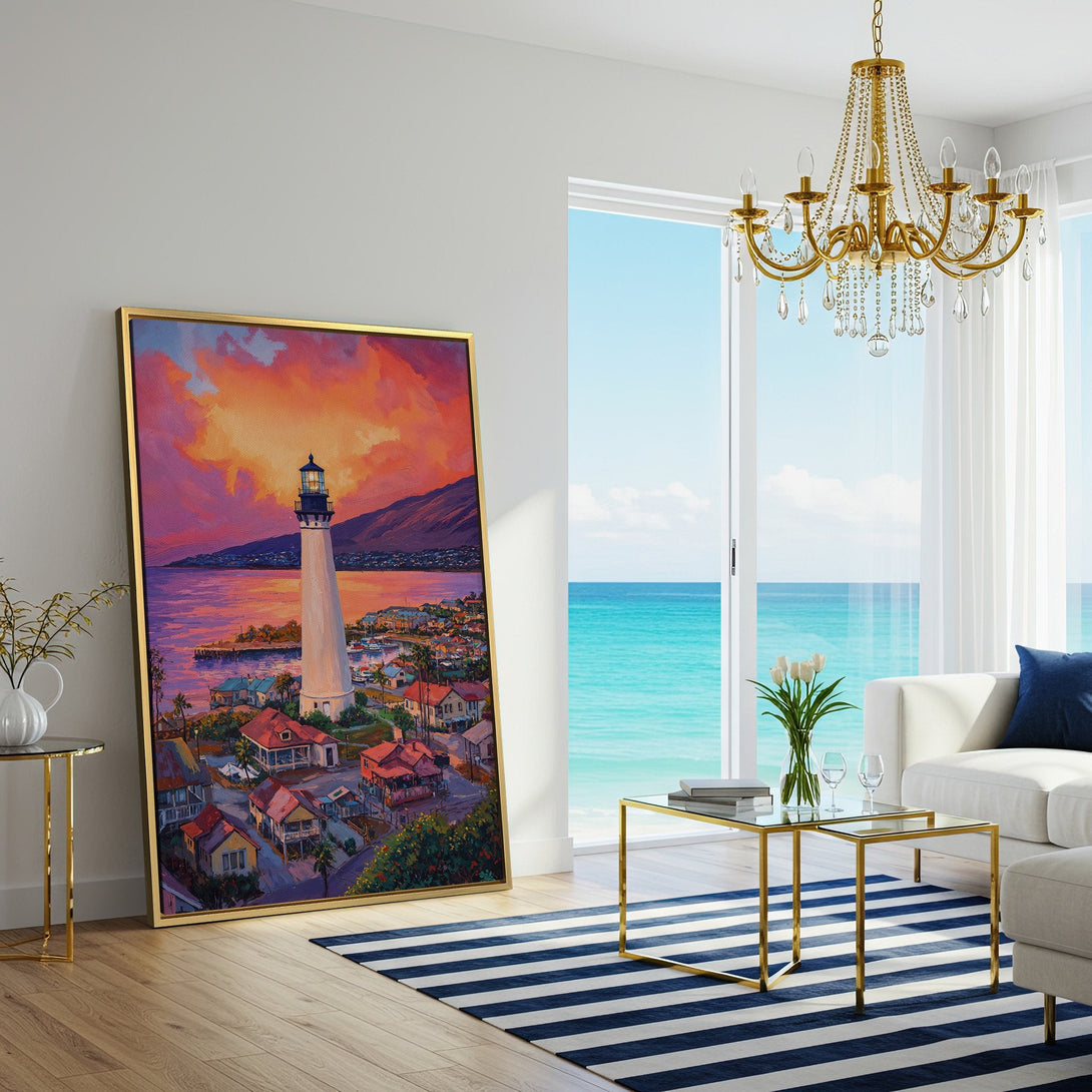 Canvas Print of a lighthouse painting in a living room. Coastal art with warm sunset colors. Perfect home decor.