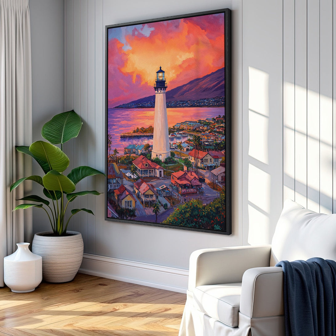 Framed Wall Art featuring a coastal lighthouse scene in vibrant sunset colors. This canvas print adds a touch of art and warmth to any interior space.
