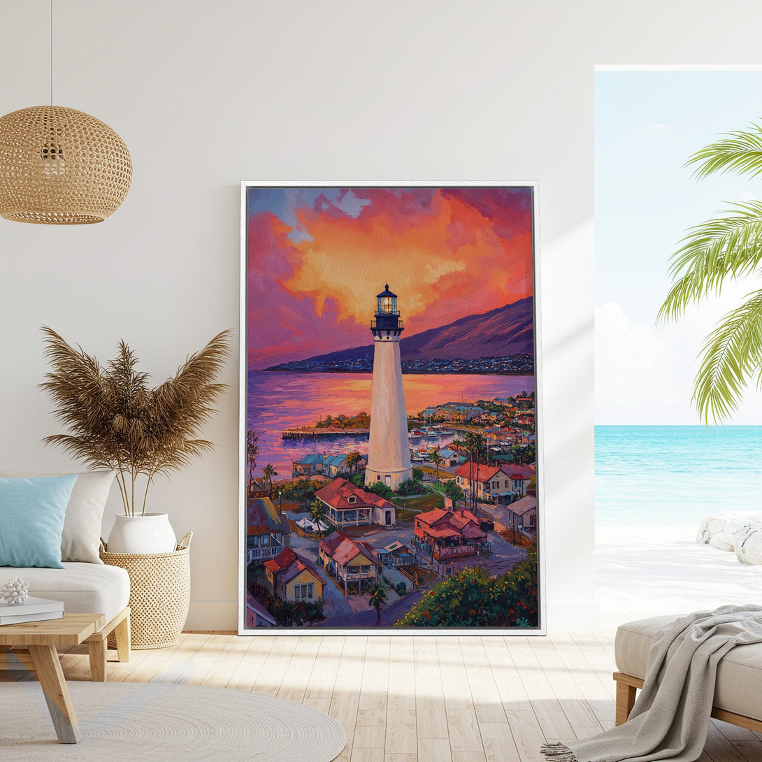 Framed Wall Art: Coastal lighthouse painting with vibrant sunset colors. Add a touch of paradise to your home with this stunning canvas print.