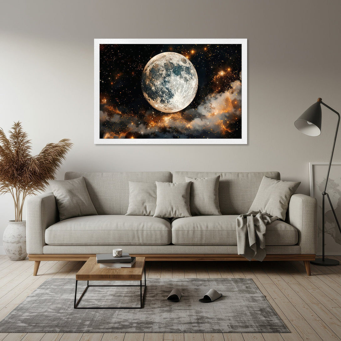 Framed Poster of the moon in space, a stunning celestial art piece with a dark, gold, and white color palette. Perfect for your home decor!