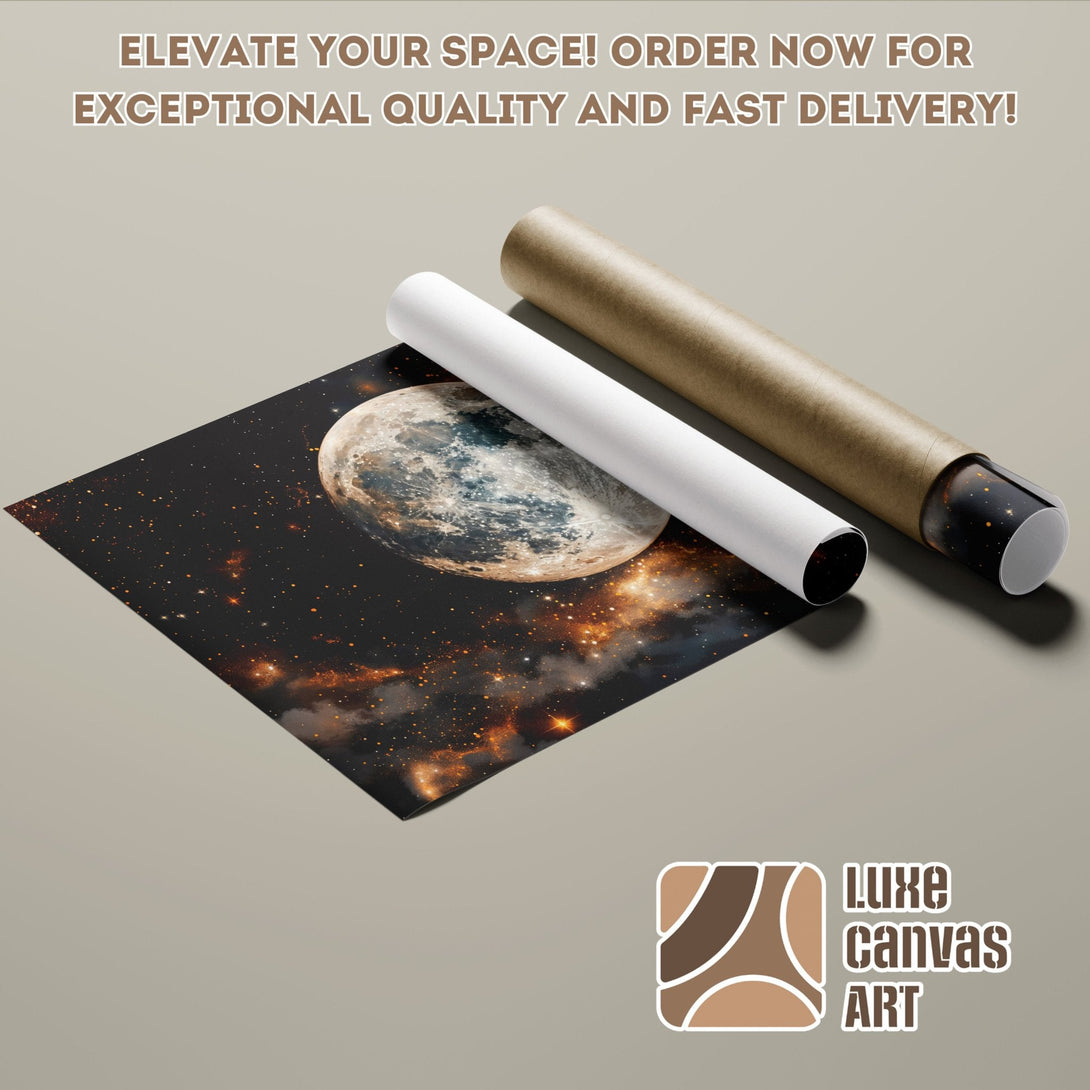 Poster Roll featuring a celestial moon and space art, warm color palette. Elevate your space!