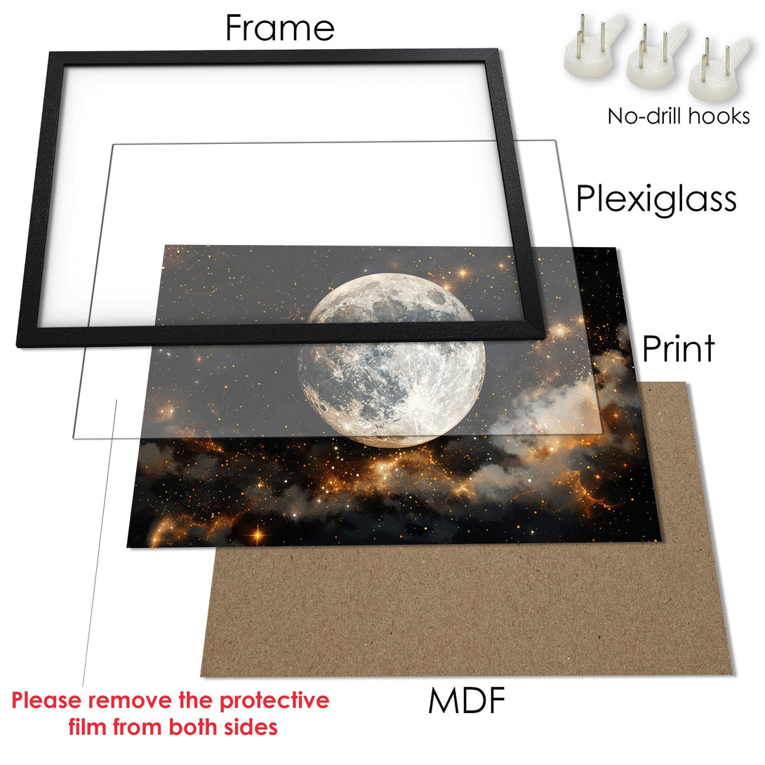 Framed Poster featuring a celestial moon and stars design with a dark, golden color palette. Perfect wall art!