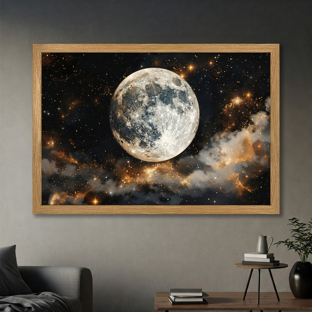 Framed Poster featuring a stunning moon in a starry galaxy, with a dark, warm color palette. Perfect wall art!