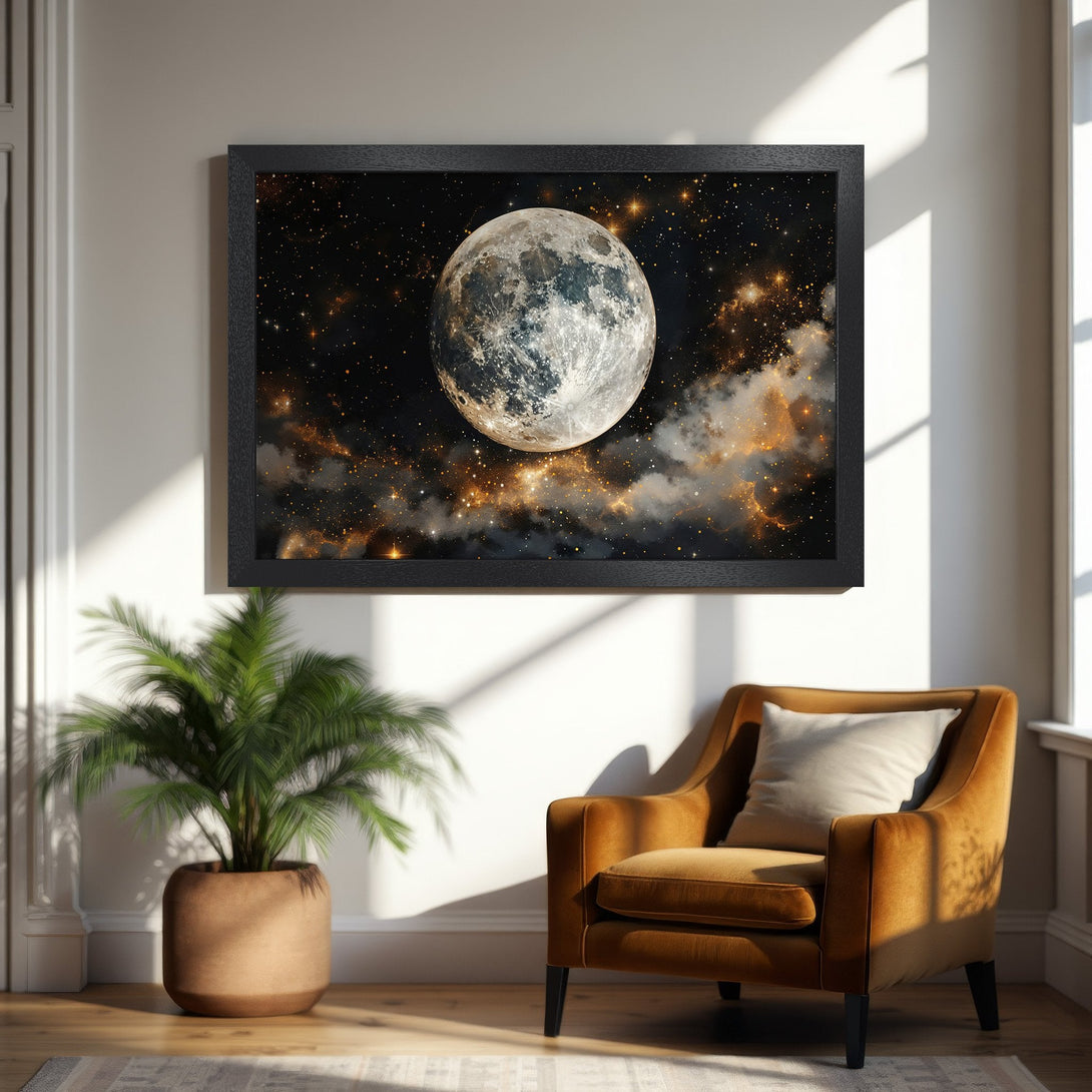 Framed Poster featuring a stunning moon & starry night sky. Modern art style with a warm, celestial color palette. Perfect wall decor!