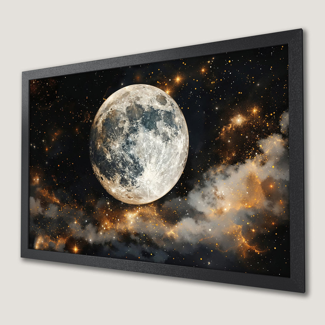 Framed Poster featuring a stunning moon and starry night sky. Celestial art with a black, gold, and white color palette.