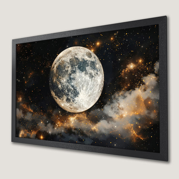Framed Poster featuring a stunning moon and starry night sky. Celestial art with a black, gold, and white color palette.