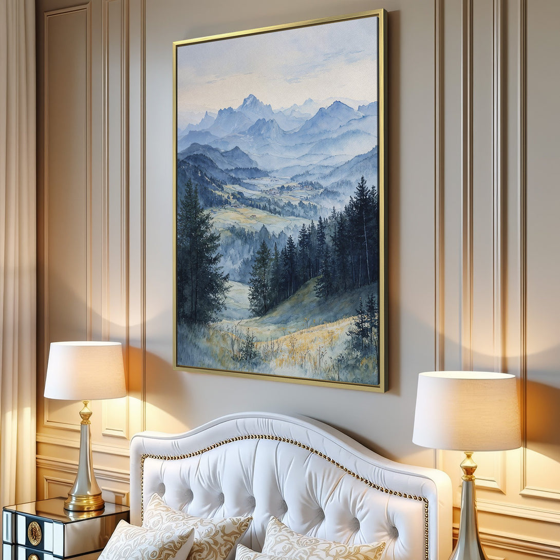 Canvas Print of a serene mountain landscape in watercolor style, featuring a cool blue and green color palette. Perfect for home decor!