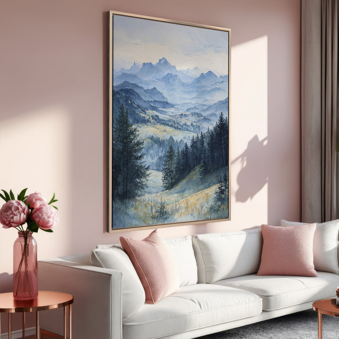 Framed Wall Art: Watercolor mountain landscape in blue and green tones. Modern art for home decor, perfect for a calming living room aesthetic.