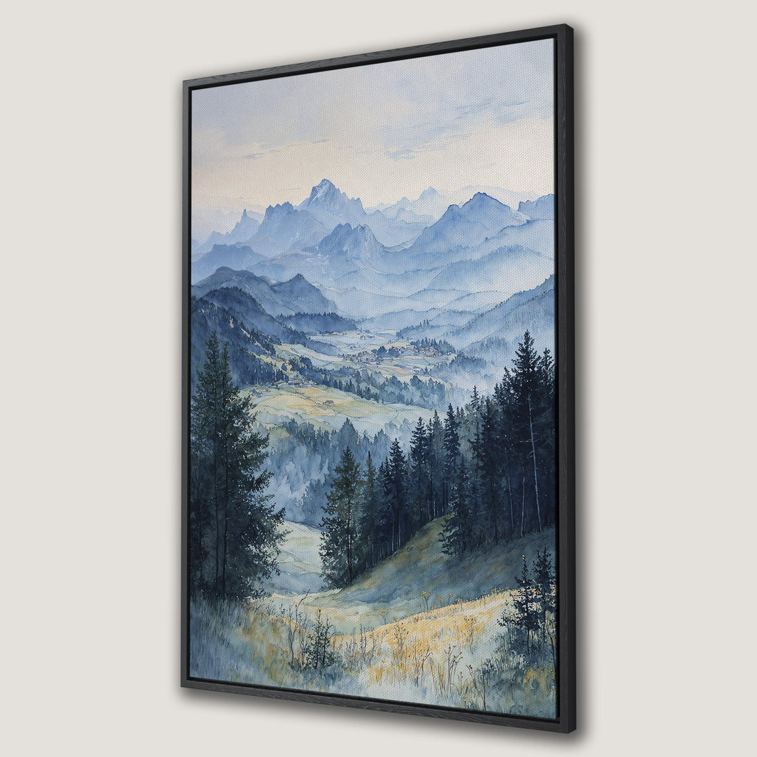 Framed Wall Art: Watercolor mountain landscape in blue and green hues. Serene nature scene perfect for adding a touch of tranquility to your home decor.