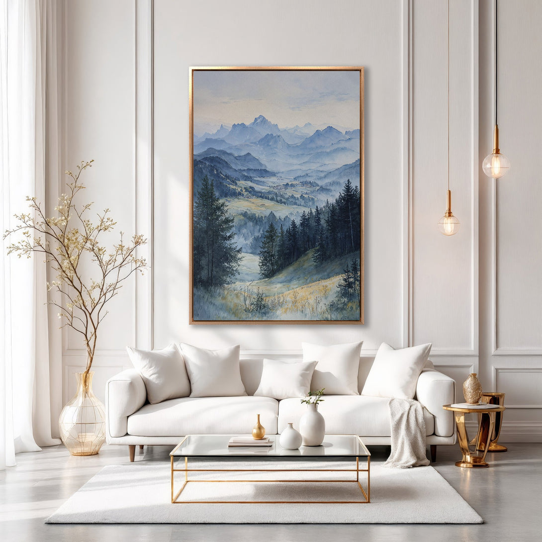 Framed Wall Art: Watercolor landscape painting in a gold frame. Featuring a serene mountain scene with blue and green hues, perfect for home decor.