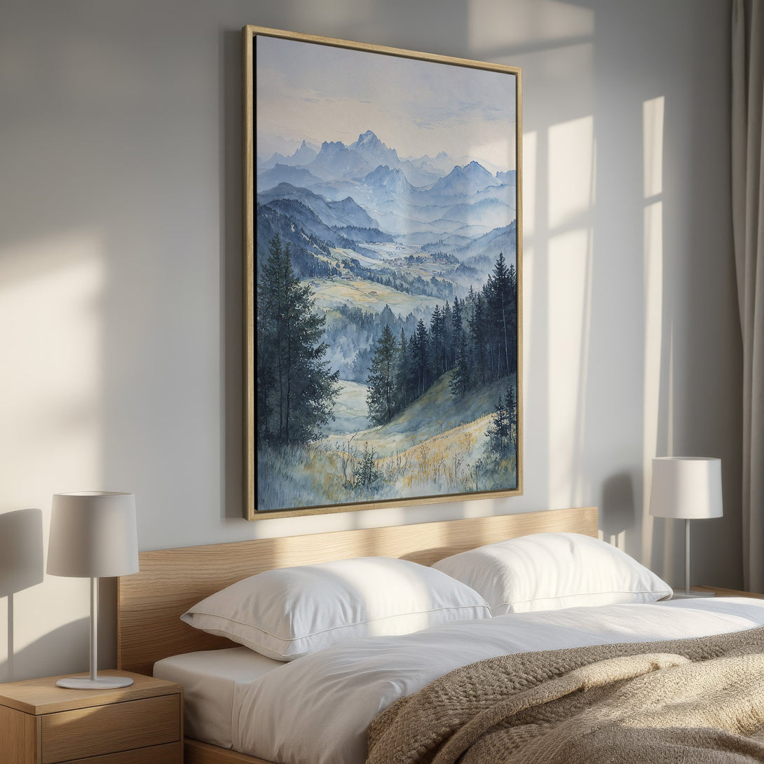 Framed Wall Art: Watercolor landscape Canvas Print in blue & green tones. Serene mountain scene perfect for bedroom decor.