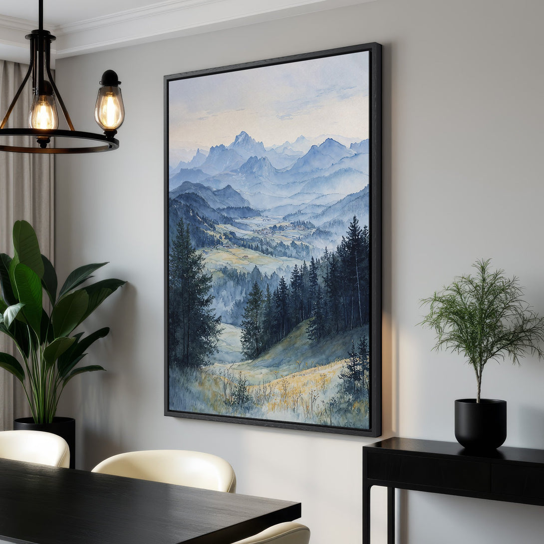 Framed Wall Art: Watercolor landscape Canvas Print in cool blue tones. Serene mountain scene adds a touch of nature-inspired art to any interior.