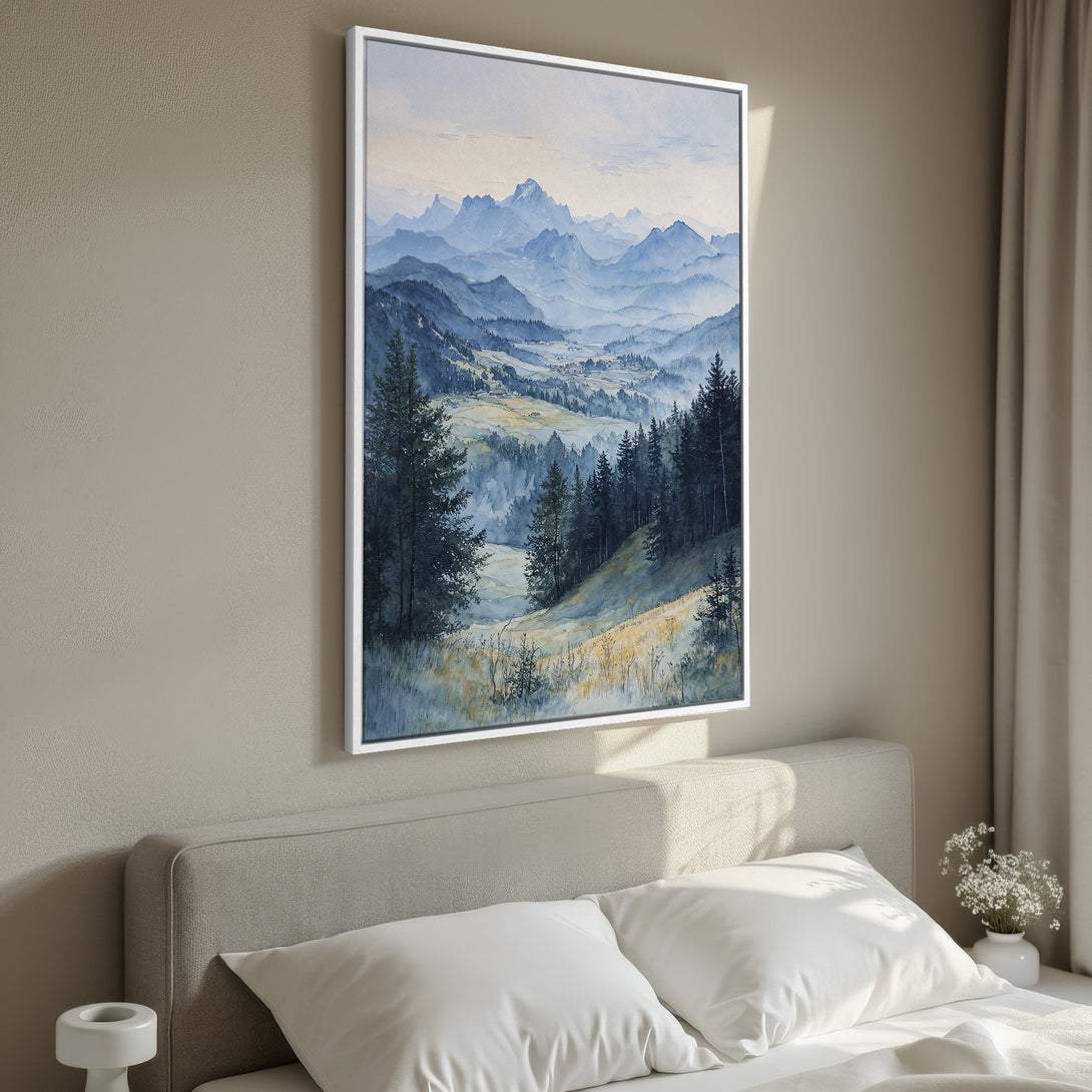 Framed Wall Art featuring a serene watercolor mountain landscape in blue and green tones, perfect for adding a touch of nature to your home decor.