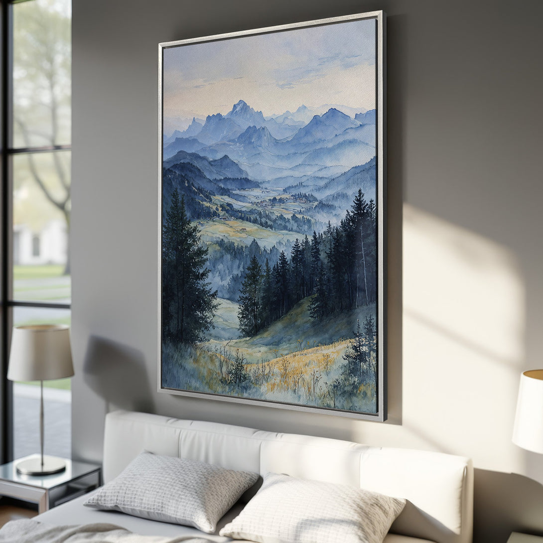 Framed Wall Art: Watercolor landscape Canvas Print. Serene mountain scene in blue and gold hues. Perfect for adding a touch of nature to your home decor!