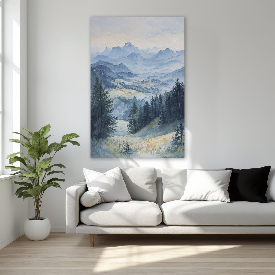 Framed Wall Art: Serene watercolor landscape in blues & greens. Perfect for a calming bedroom. Add tranquility to your space with this beautiful Canvas Print.
