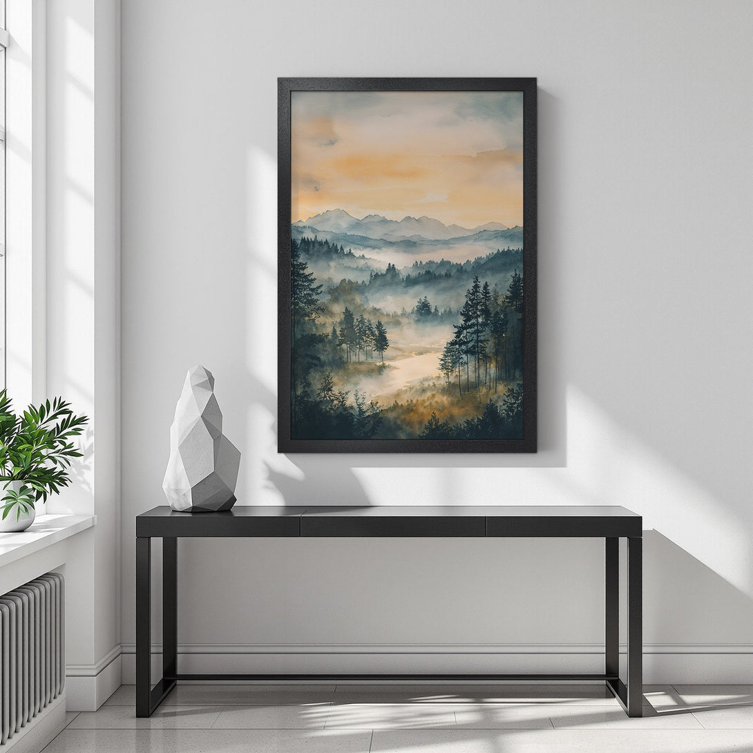 Framed Poster featuring a serene watercolor landscape of misty mountains and trees in a calming blue and gold palette. Perfect wall art!