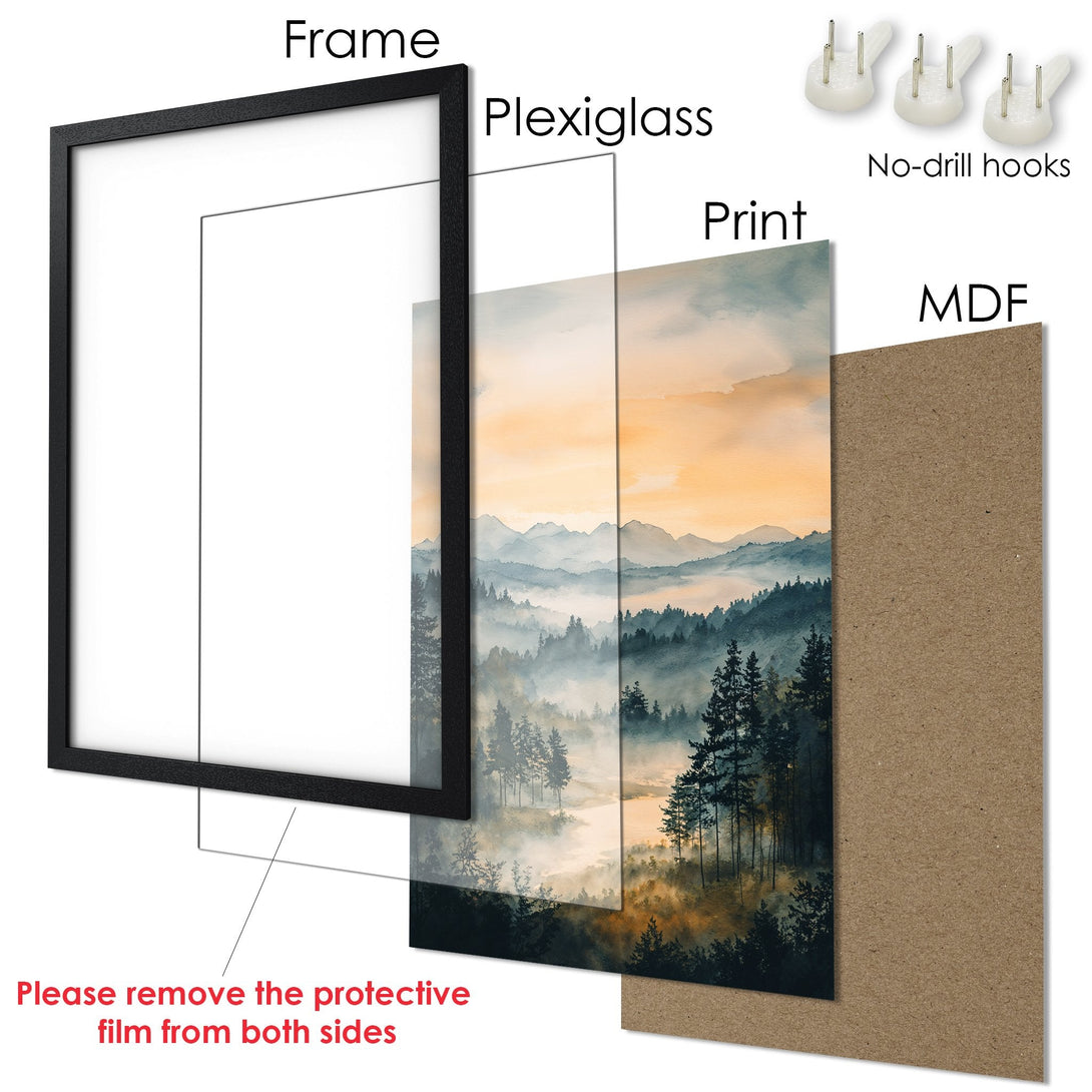 Framed Poster of a misty mountain landscape in watercolor style, featuring a calming blue and orange color palette.