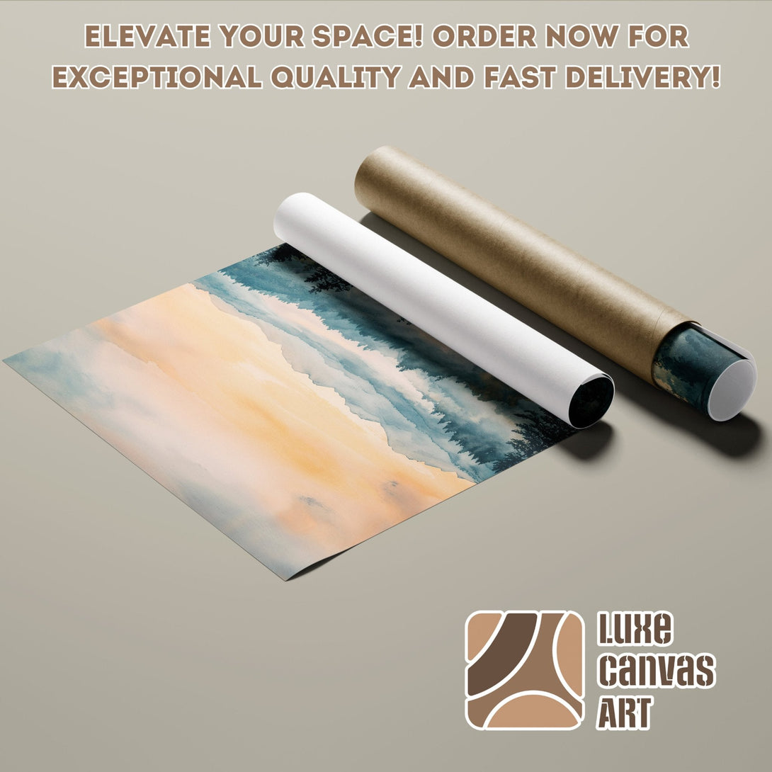 Watercolor landscape Poster Roll in blue & yellow hues. Elevate your space with Luxe Canvas Art!
