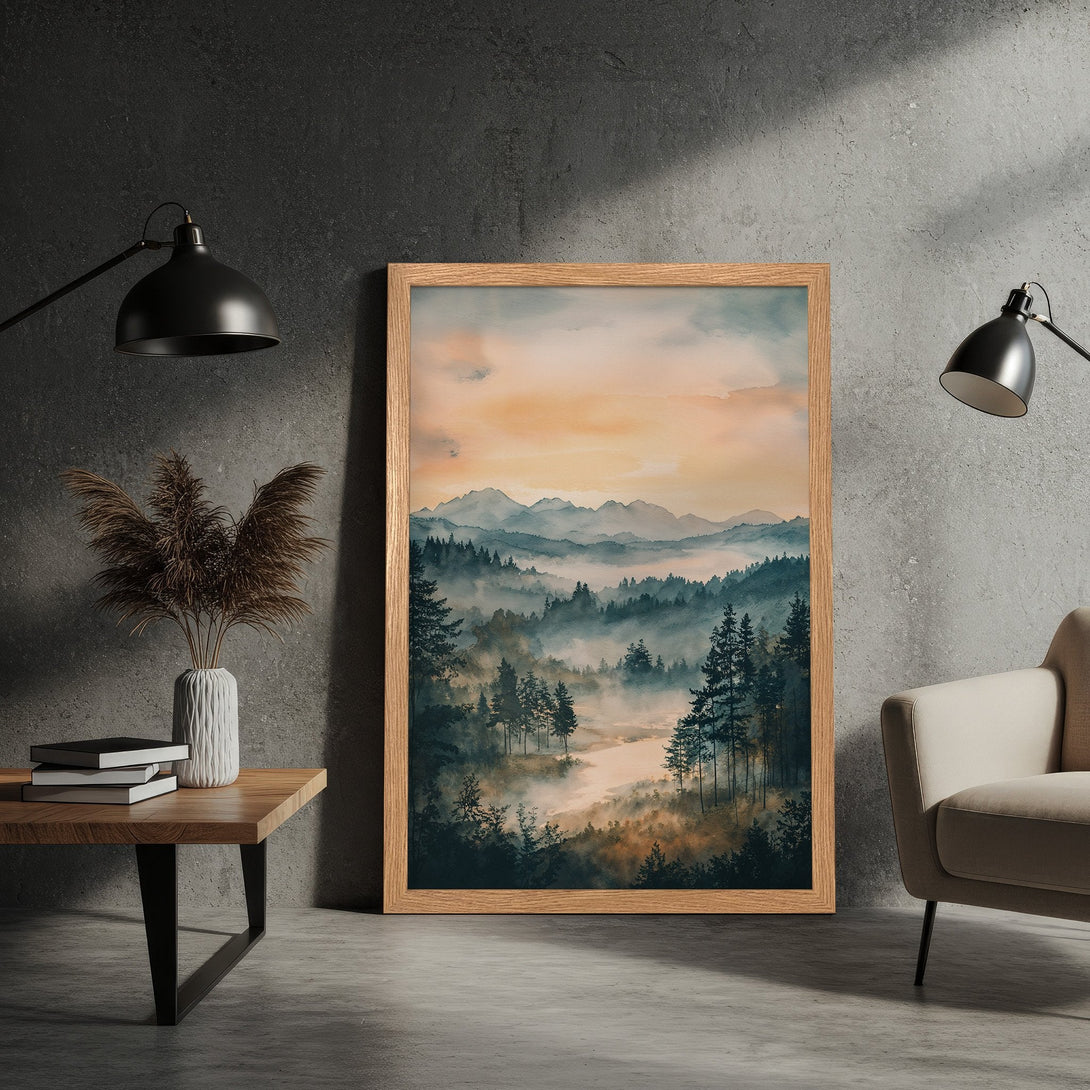 Framed Poster of a misty forest landscape in watercolor style, with a warm, earthy color palette. Perfect wall art!