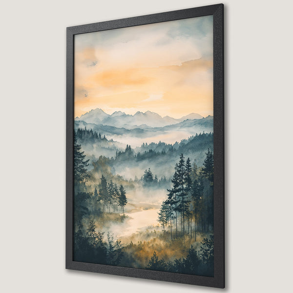 Framed Poster of a serene mountain landscape in watercolor style. Features a calming blue and gold color palette. Perfect wall art for any space.