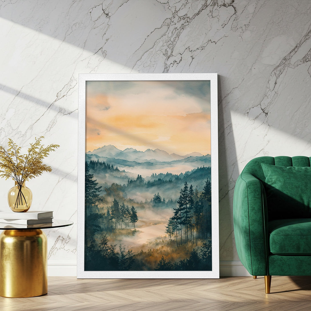 Framed Poster of a serene watercolor landscape with a misty forest, featuring a calming blue and orange palette. Perfect wall art!