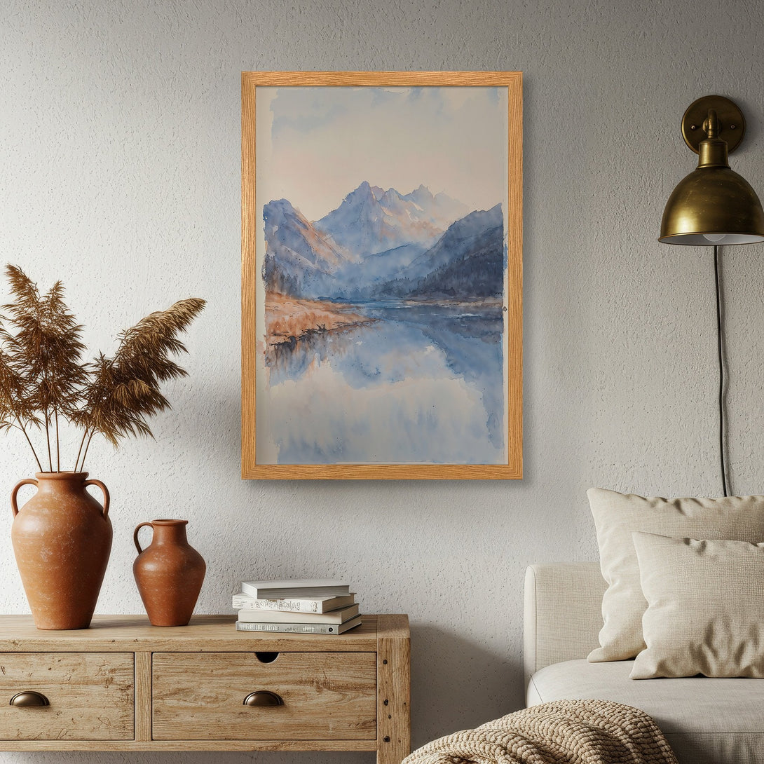 Framed Poster of a watercolor mountain landscape in blue and brown tones, perfect for adding a touch of nature to your home decor.
