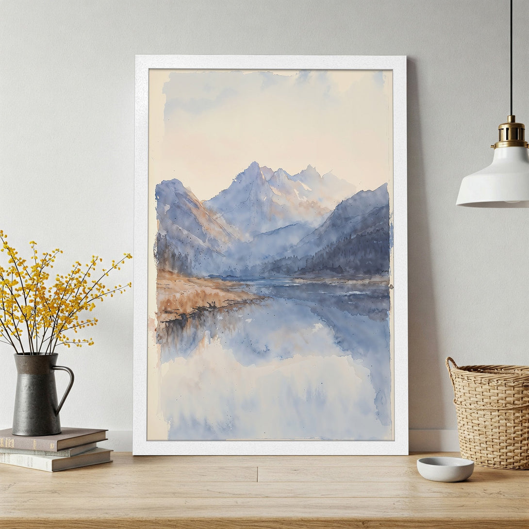 Framed Poster featuring a watercolor landscape of mountains and lake. Soft blue and beige tones create a serene, artistic vibe. Perfect wall art.