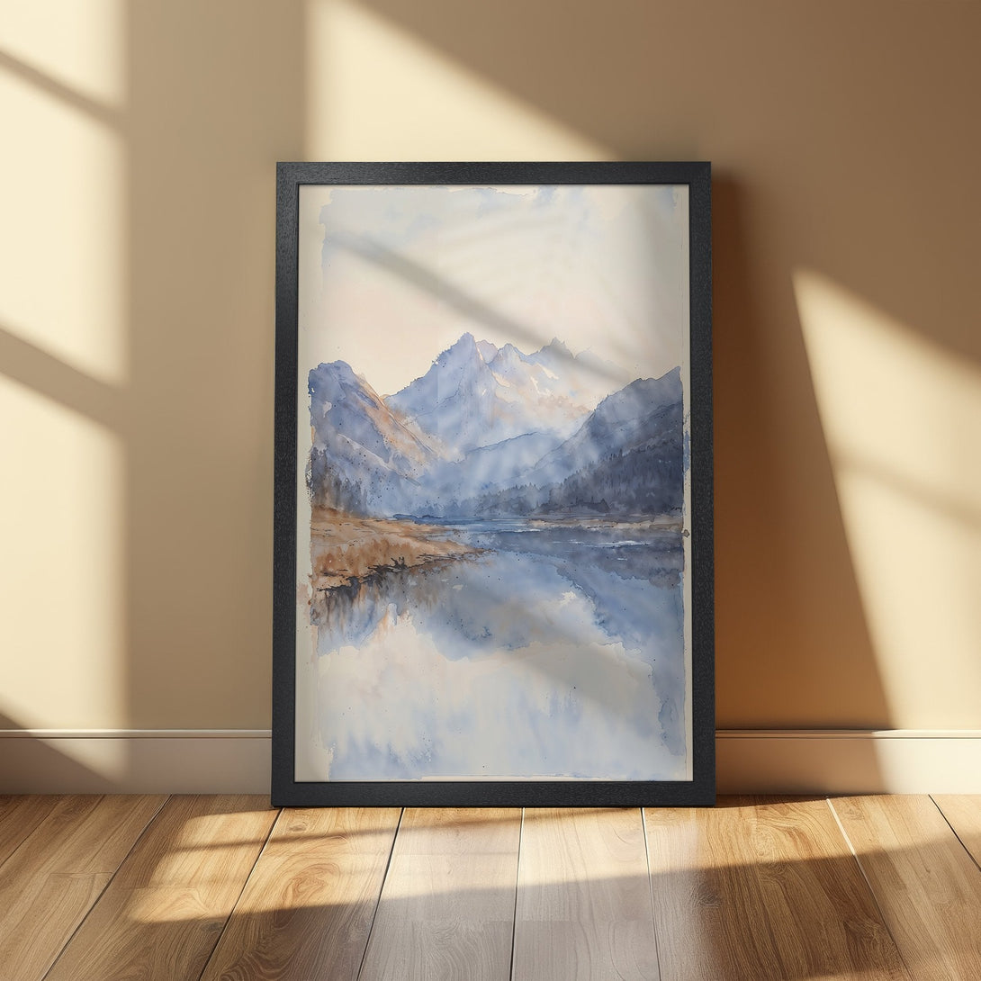 Framed Poster featuring a watercolor landscape of mountains and a lake, in blue and brown tones. Perfect wall art for your home.