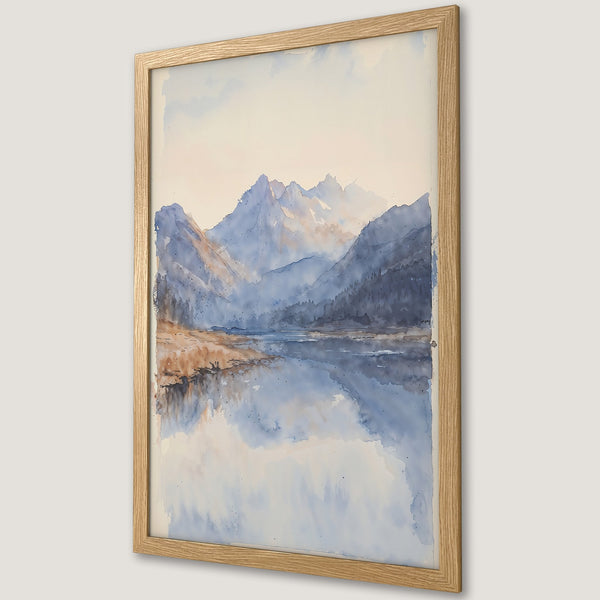 Framed Poster featuring a watercolor landscape of mountains and lake, with a blue and beige color palette. Perfect wall art!