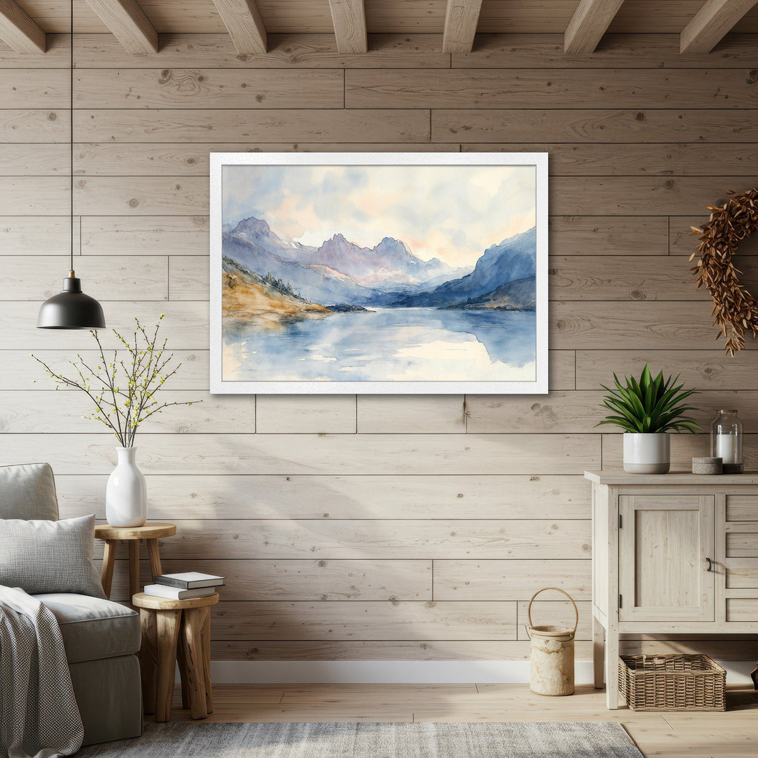 Framed Poster of a watercolor mountain landscape. Calming blues and purples create a serene aesthetic. Perfect wall art for any space.