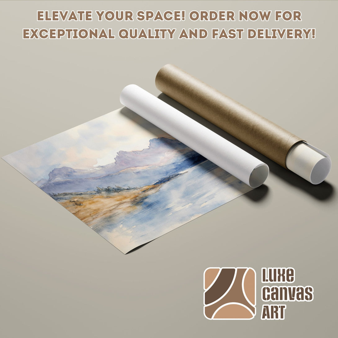Watercolor landscape Poster Roll art print, blue & beige color palette, elevate your space!