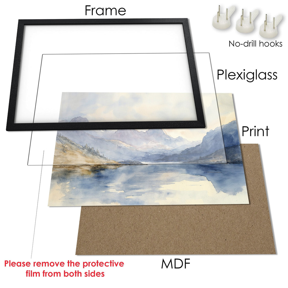 Framed Poster featuring a watercolor landscape in blue and neutral tones. Elevate your space with this stunning art print!