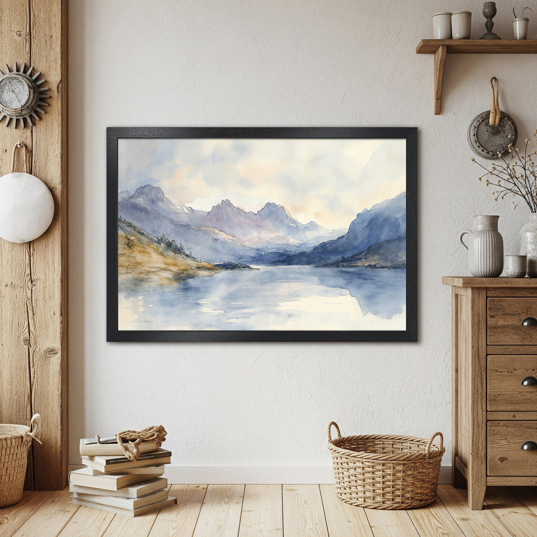 Framed Poster featuring a watercolor landscape of mountains and lake in blue and neutral tones. Perfect wall art for any room.