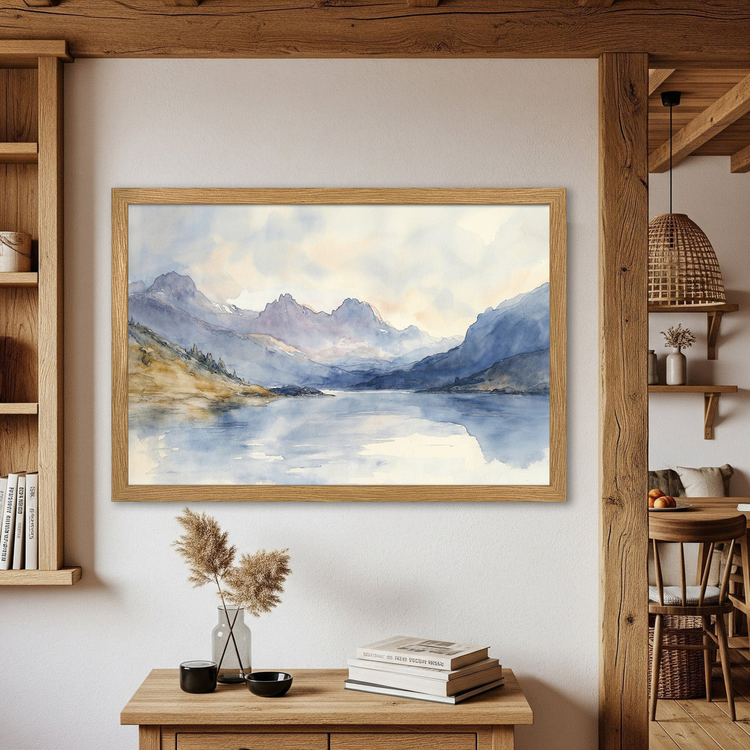 Framed Poster featuring a watercolor landscape of mountains and lake, with a calming blue and beige palette. Perfect wall art!