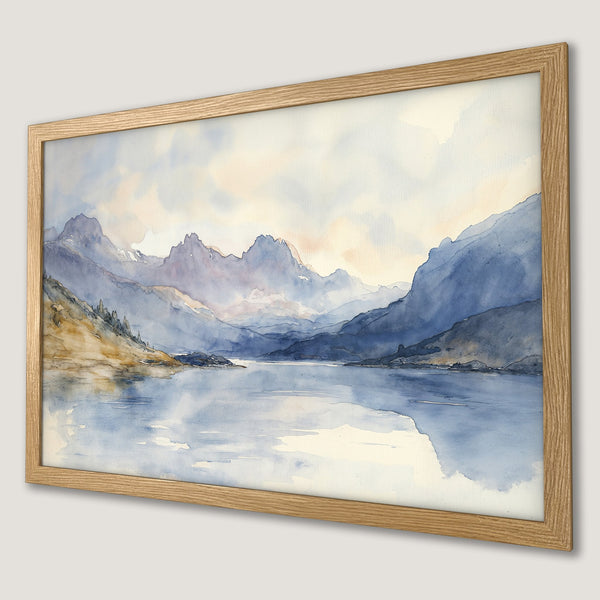 Framed Poster of watercolor mountain landscape in blue and beige tones. Add serene art to your space!