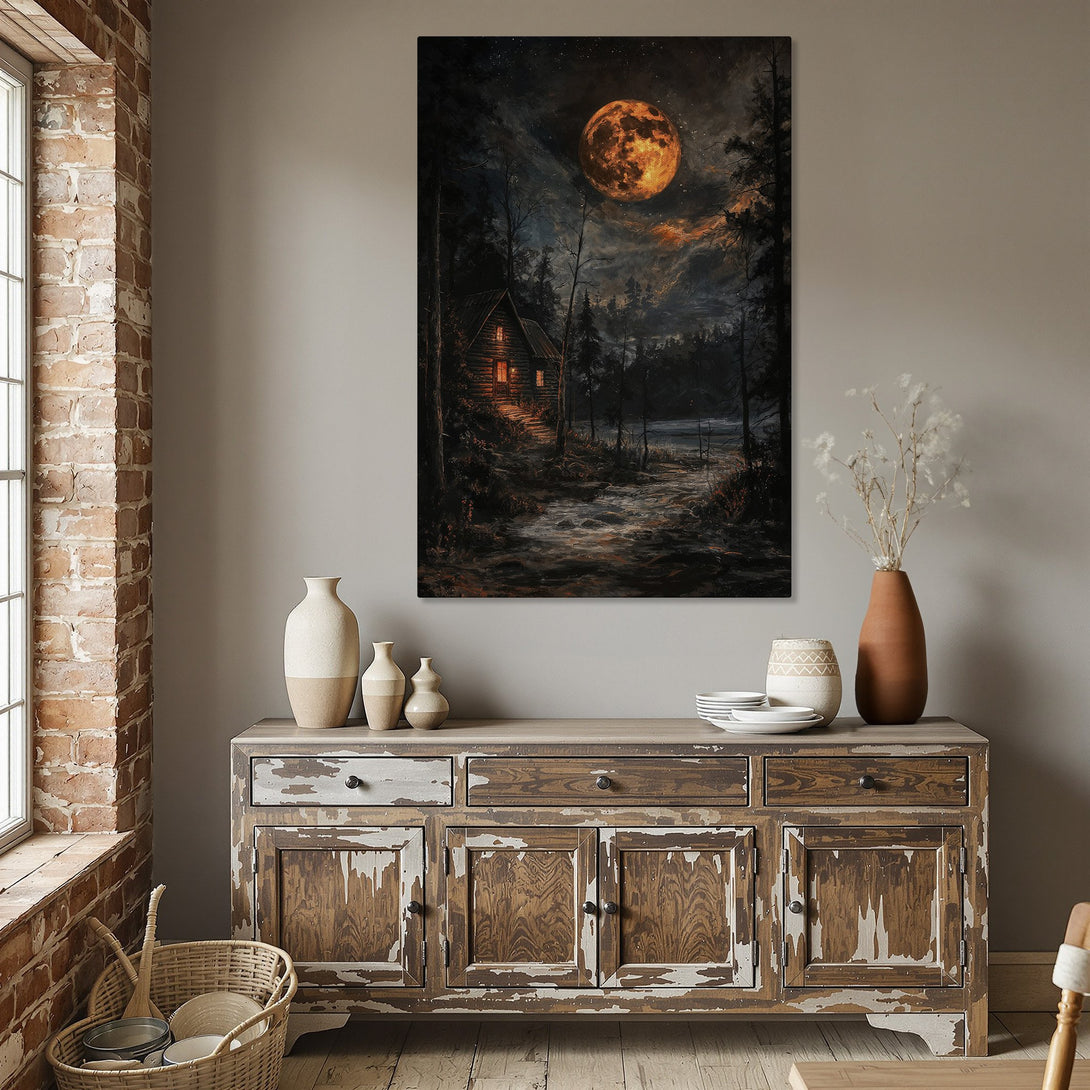 Framed Wall Art: Rustic cabin under a full moon. Moody, painterly style with warm orange and cool blue tones. Perfect for cozy interiors.
