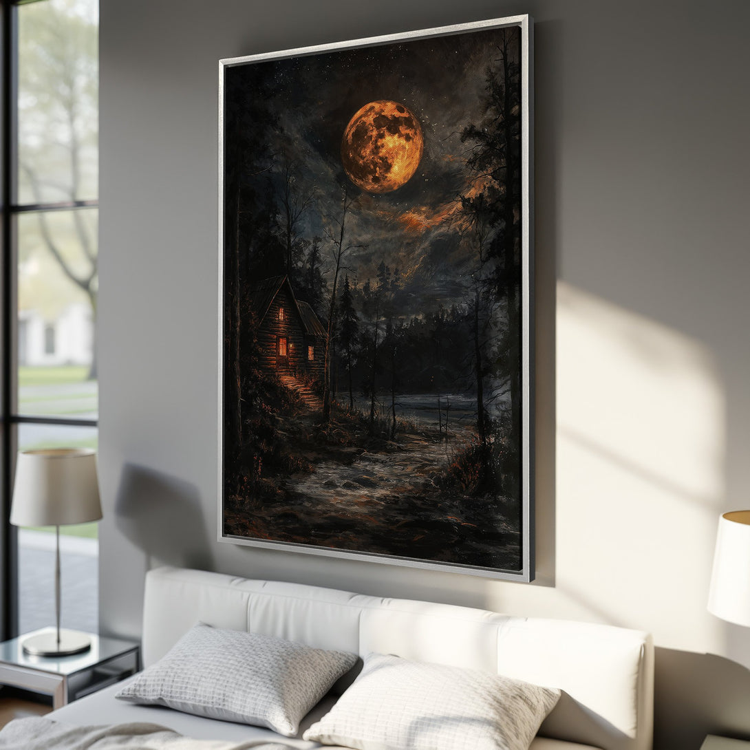 Framed Wall Art: Dramatic landscape Canvas Print with a cabin under a glowing moon. Dark, moody painting with orange and black tones. Perfect for any room!