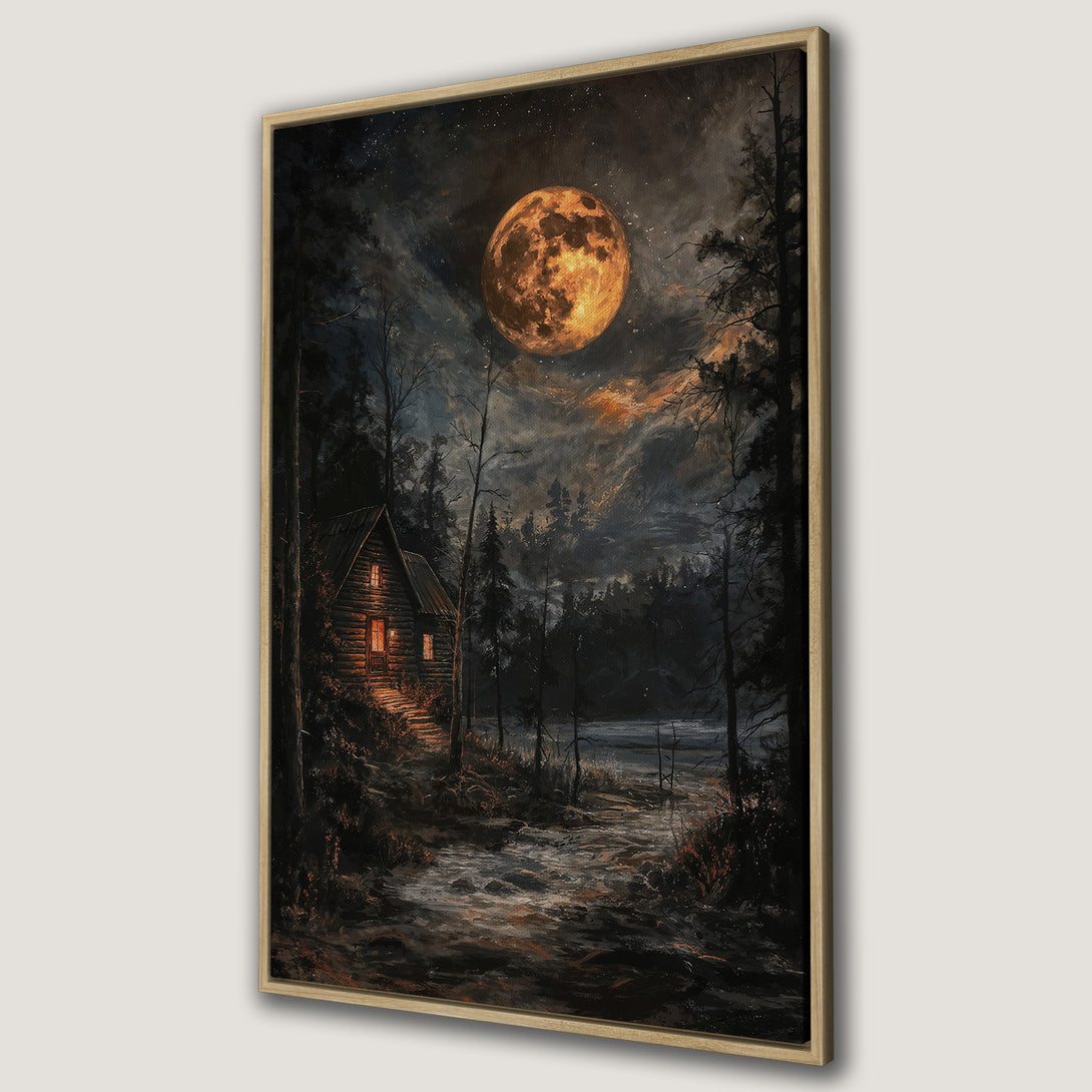 Framed Wall Art: Dramatic moonlit cabin scene. Dark, moody color palette with warm orange accents. Perfect for rustic decor. Add this canvas print to your home!