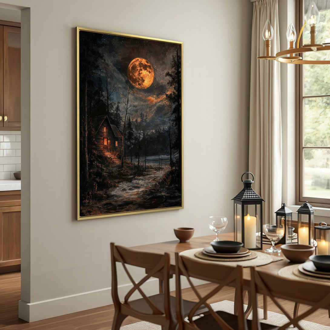 Canvas Print of a cabin under a large moon, dark and moody landscape art in warm, earthy tones. Perfect wall decor!