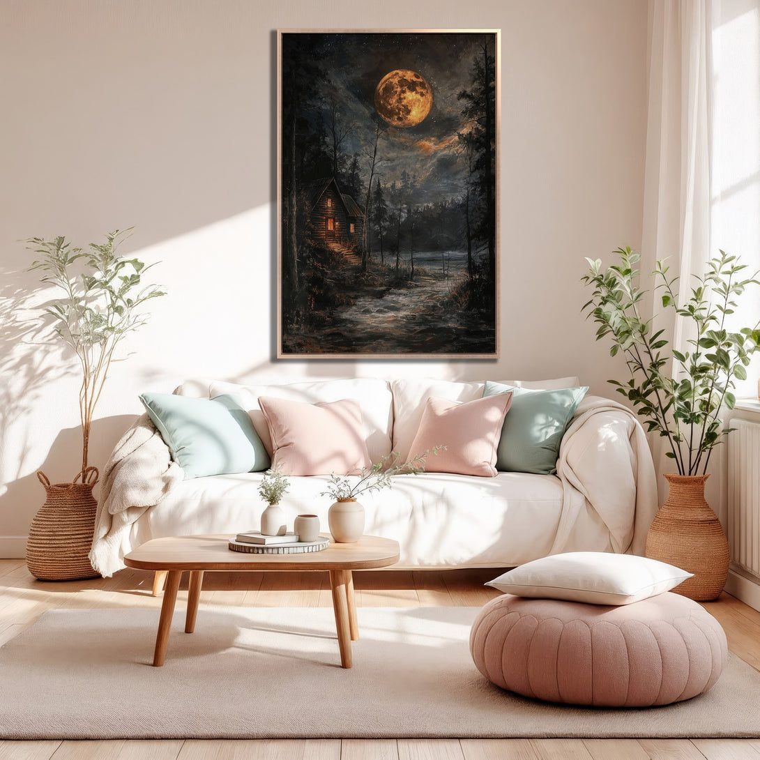 Framed Wall Art: Stunning cabin scene under a glowing moon. Dark, moody painting with warm earth tones and a touch of mystery. Perfect for any space!