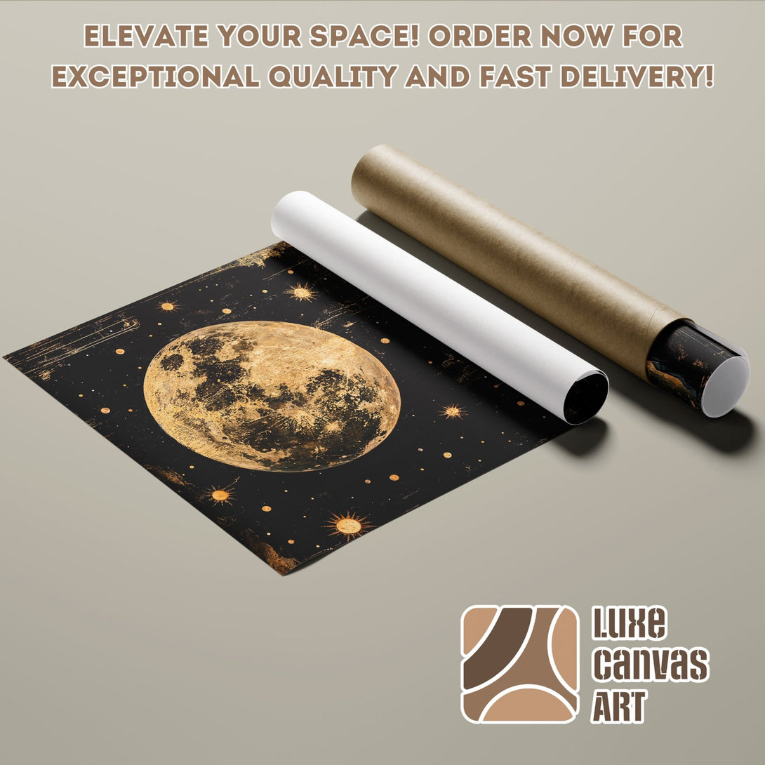 Poster Roll featuring a celestial design with a gold and black color palette, perfect for home decor.
