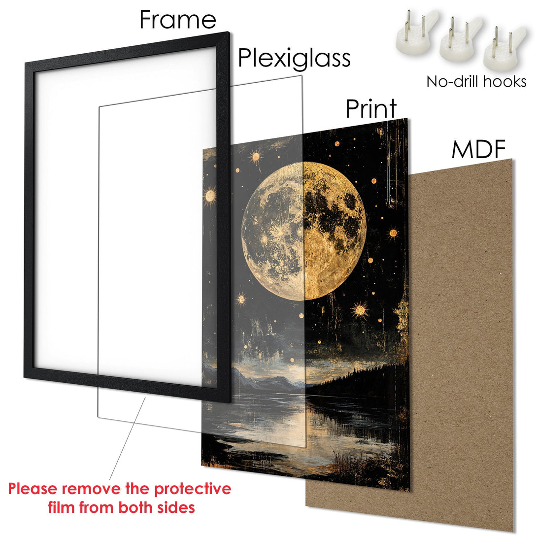 Framed Poster featuring a celestial moon and landscape art in a dark, gold, and black palette. Perfect wall decor.