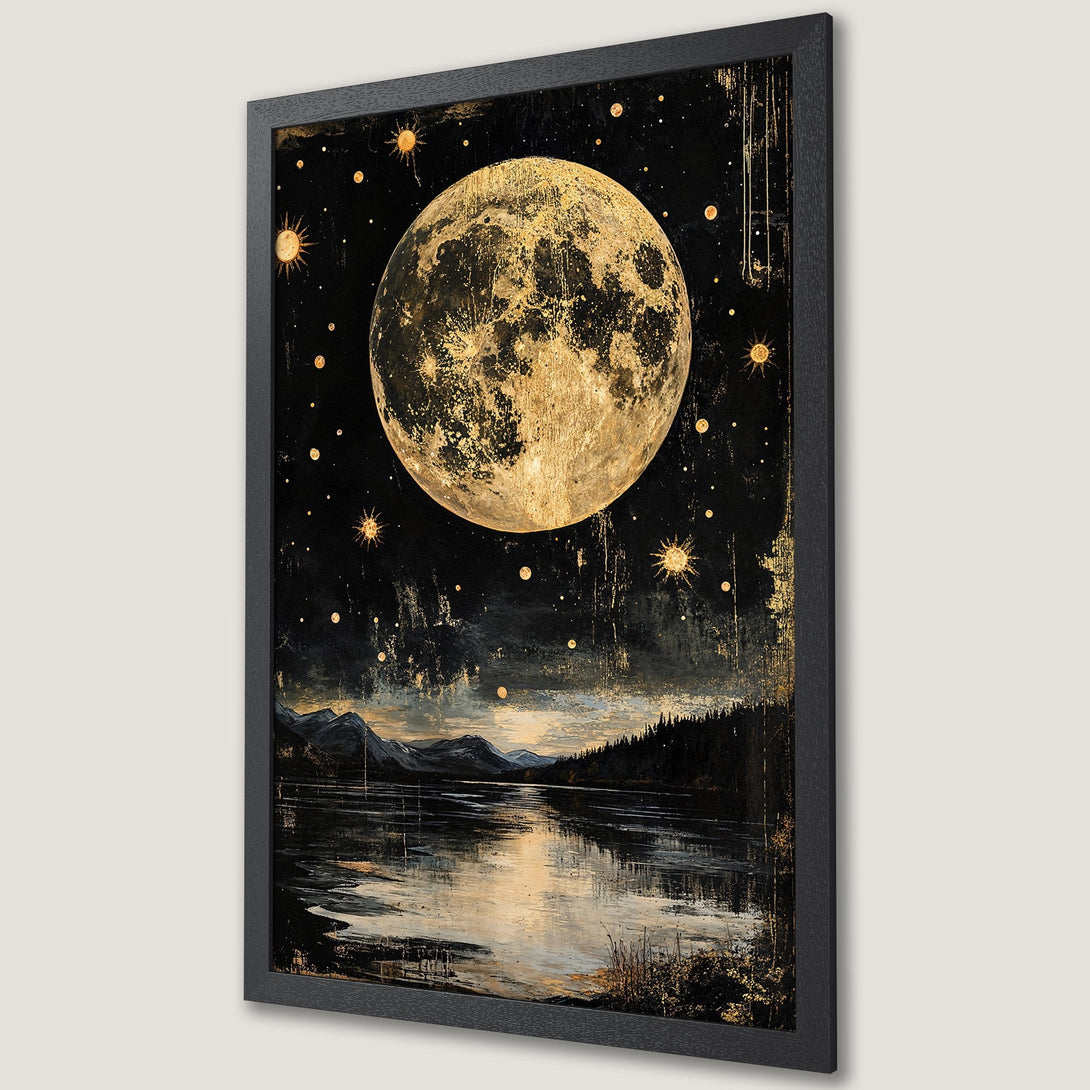 Framed Poster featuring a celestial landscape with a golden moon and stars. Dark, moody color palette with gold accents. Perfect wall art!