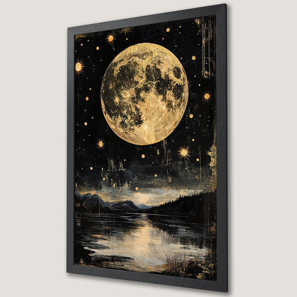 Framed Poster featuring a celestial landscape with a golden moon and stars. Dark, moody color palette with gold accents. Perfect wall art!