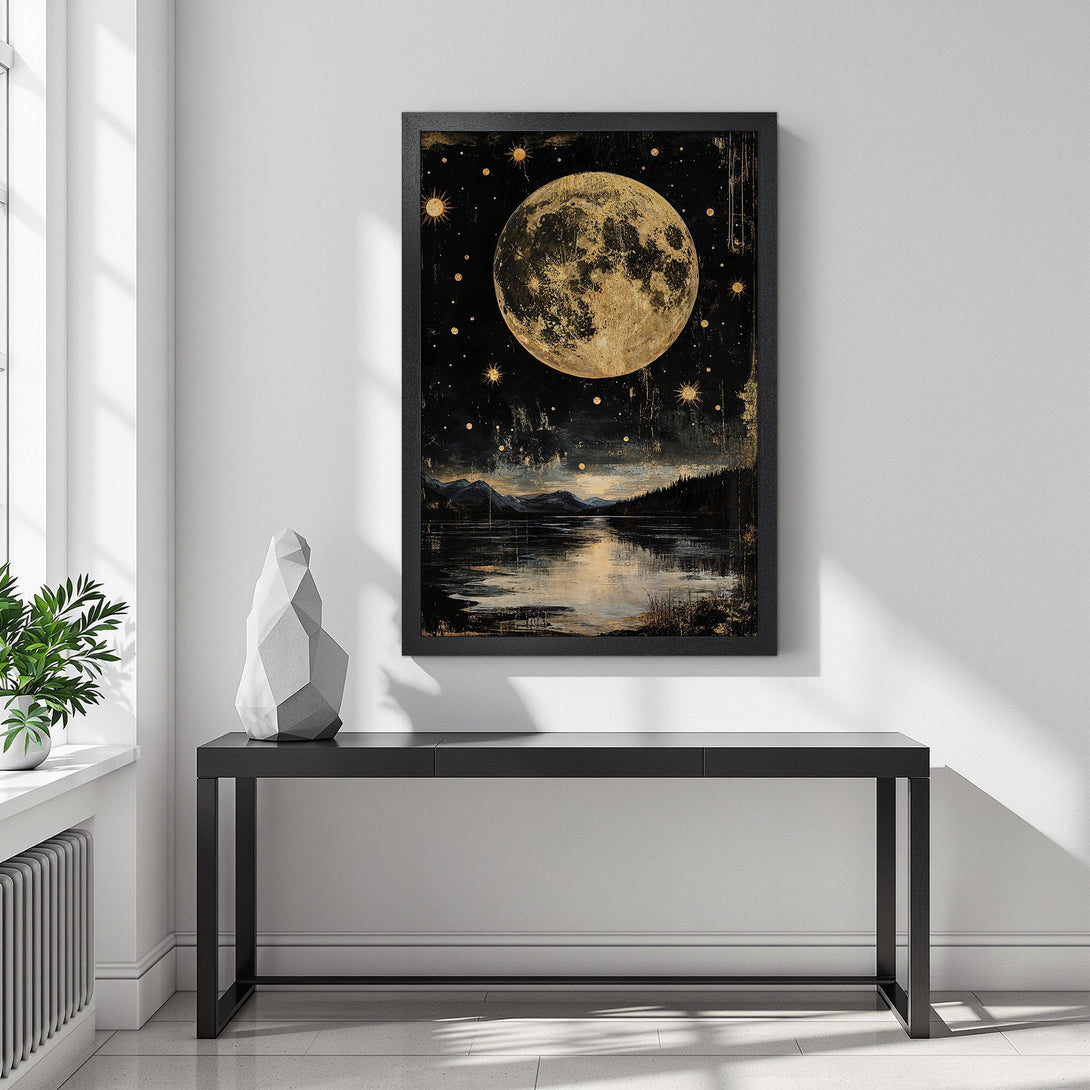 Framed Poster featuring a moonlit lake scene. Celestial art in black, gold, and dark tones. Perfect for adding a touch of magic to your space.