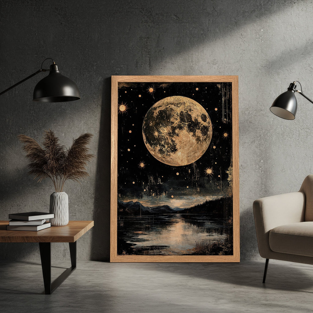 Framed Poster featuring a celestial landscape with a large moon, in vintage style with a dark and gold color palette. Perfect wall art.