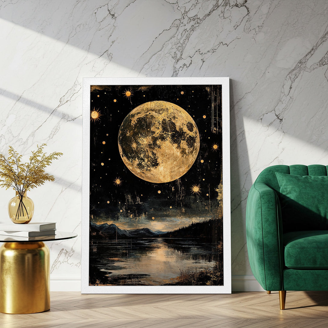 Framed Poster featuring a celestial landscape with a golden moon, stars, and lake. Artistic style, dark and gold color palette. Perfect wall art.