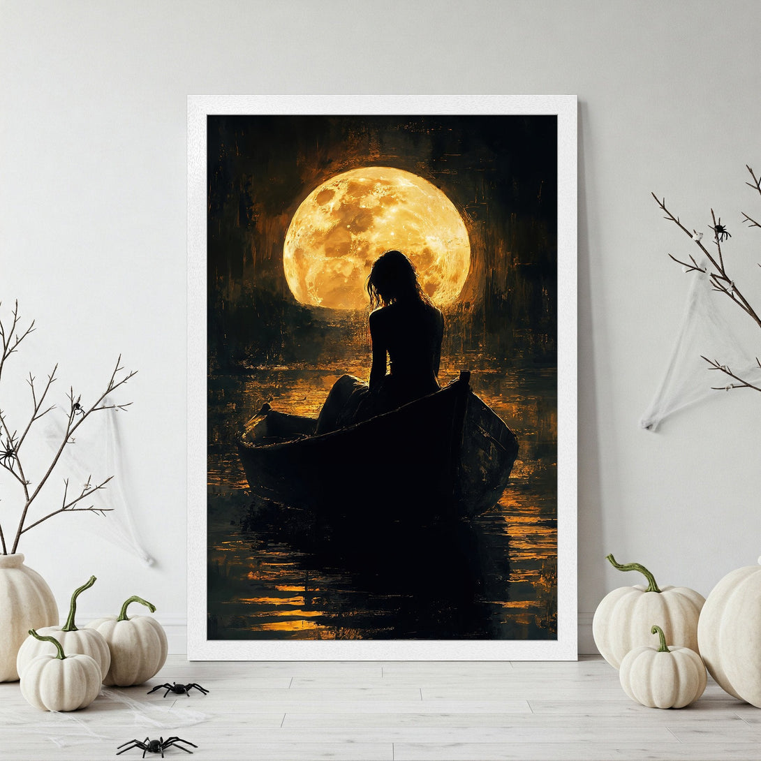 Framed Poster featuring a woman in a boat under a large moon. Dramatic art style with a dark, warm color palette. Perfect for Halloween decor.